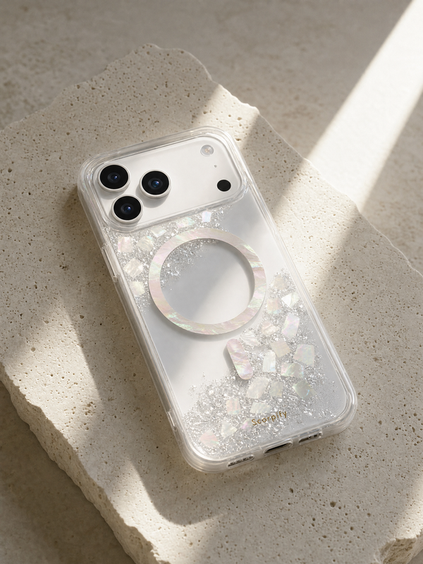 Glitter phone case with shell flakes on stone surface