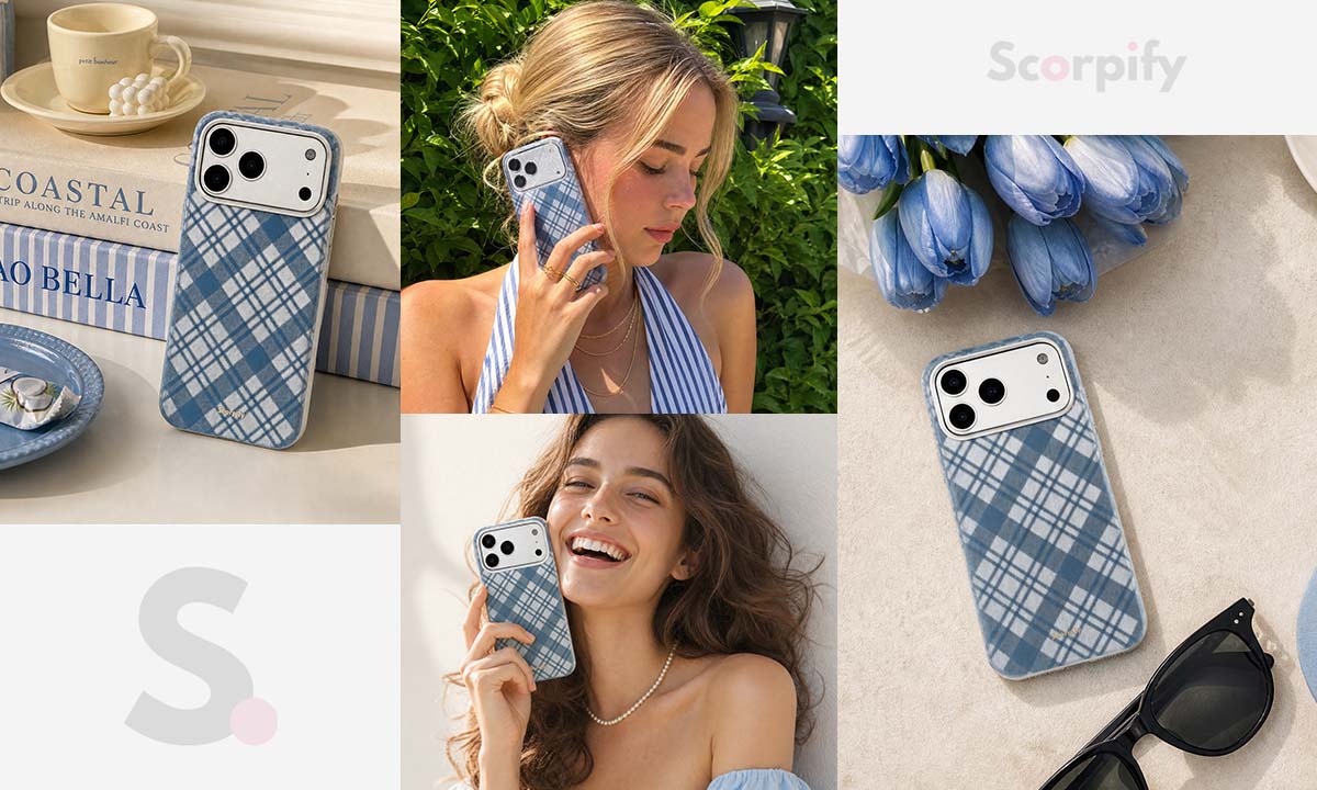 Navy tartan leather iPhone case lifestyle photo collage
