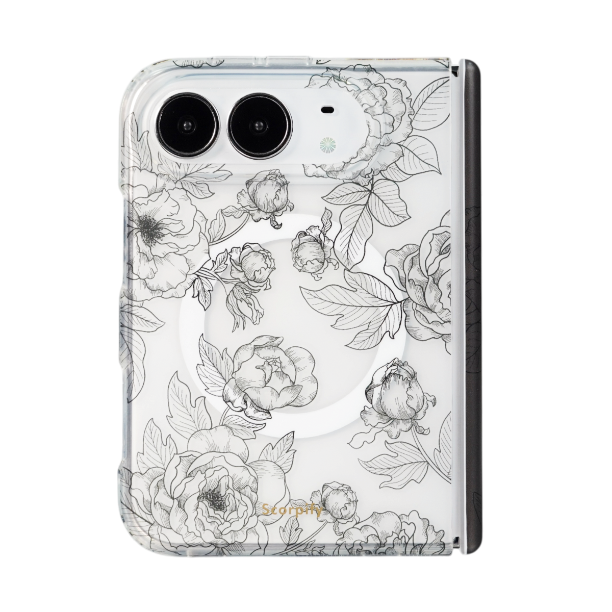 Black line art floral print iPhone Duo case transparent background