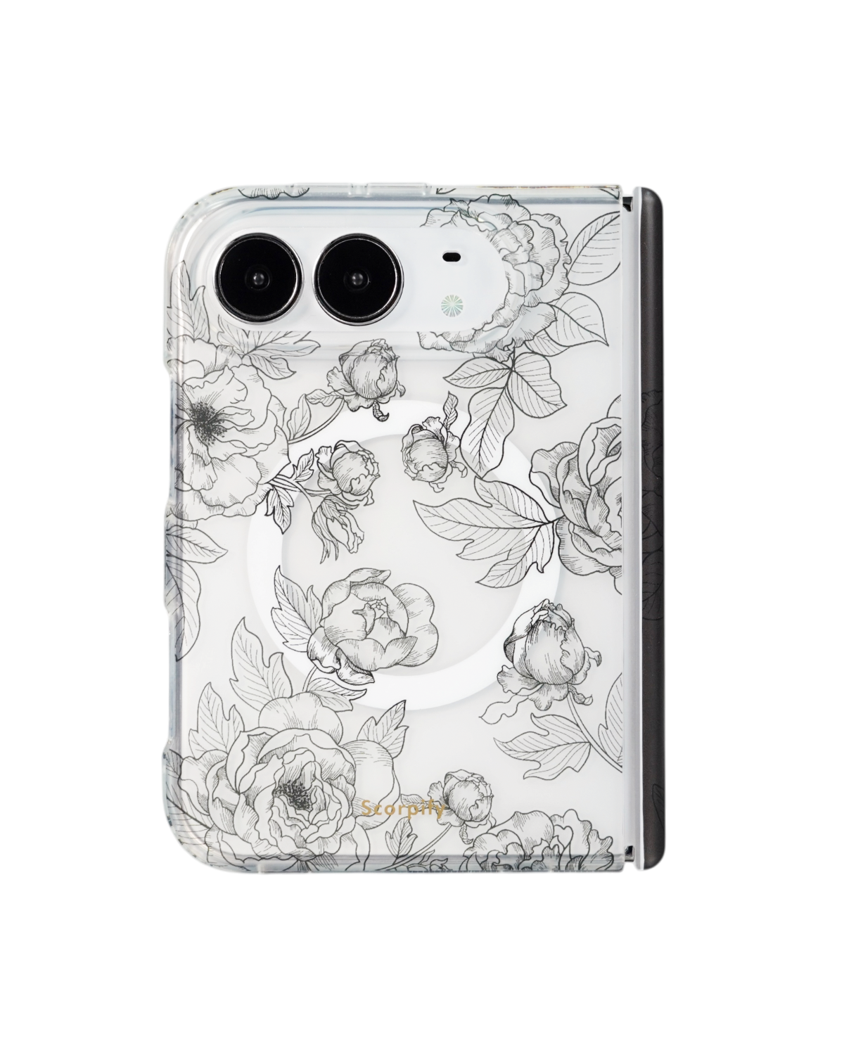 Black line art floral print iPhone Duo case transparent background