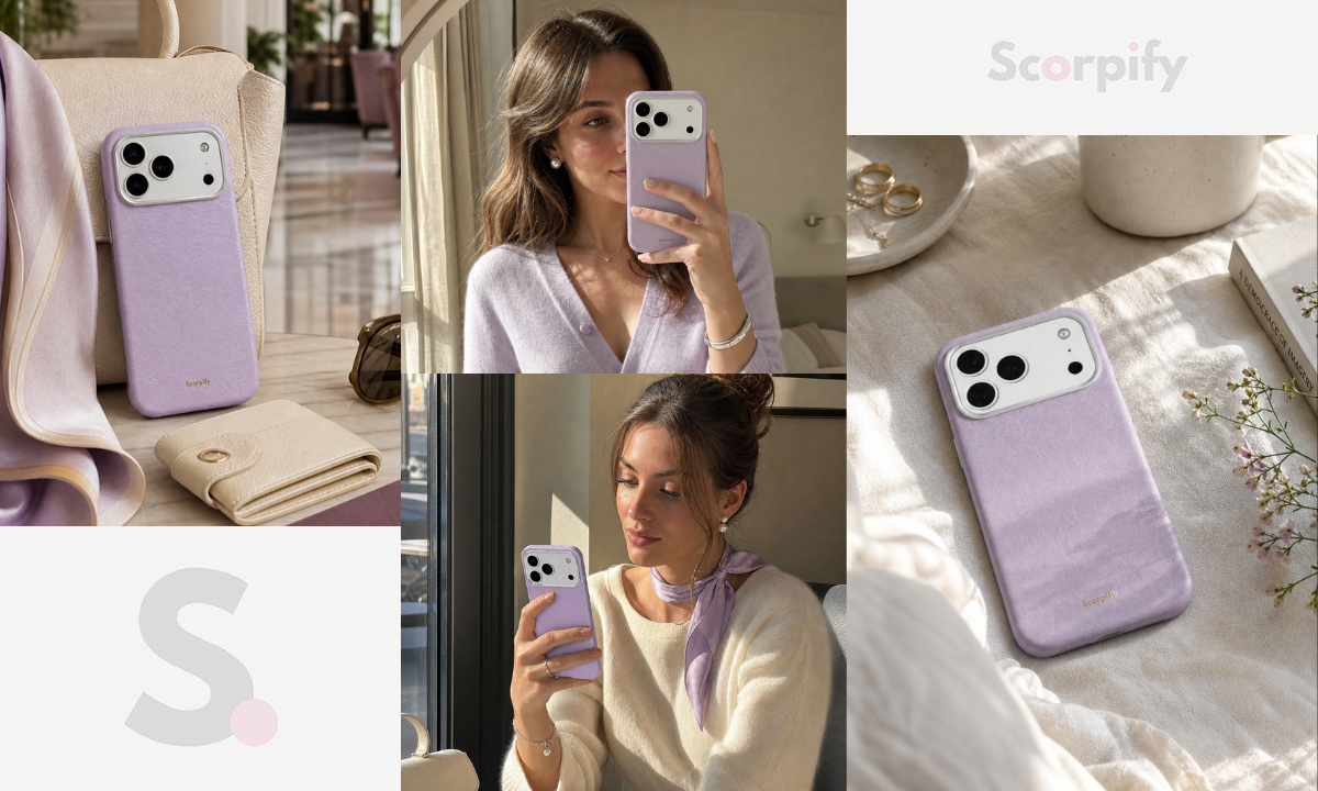 Woman holding lavender leather iPhone case lifestyle collage