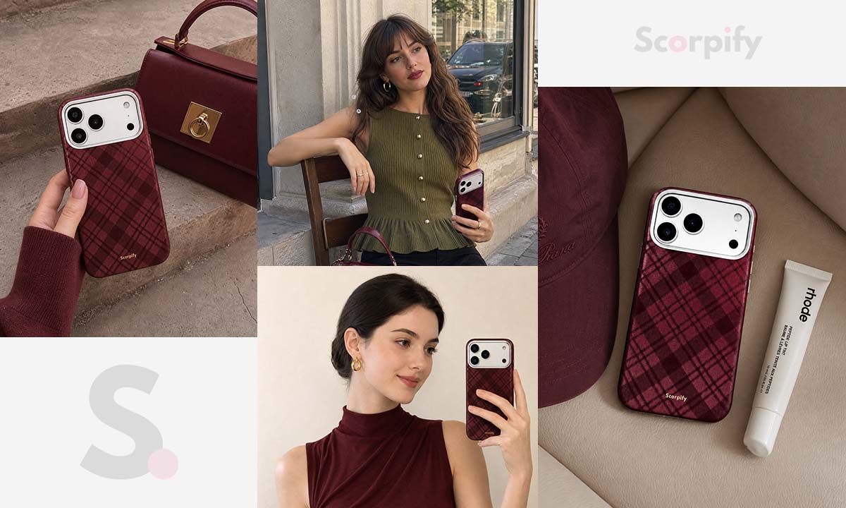 Burgundy tartan leather iPhone case lifestyle photo collage