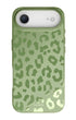 Deep moss color phone cover with striking leopard motifs