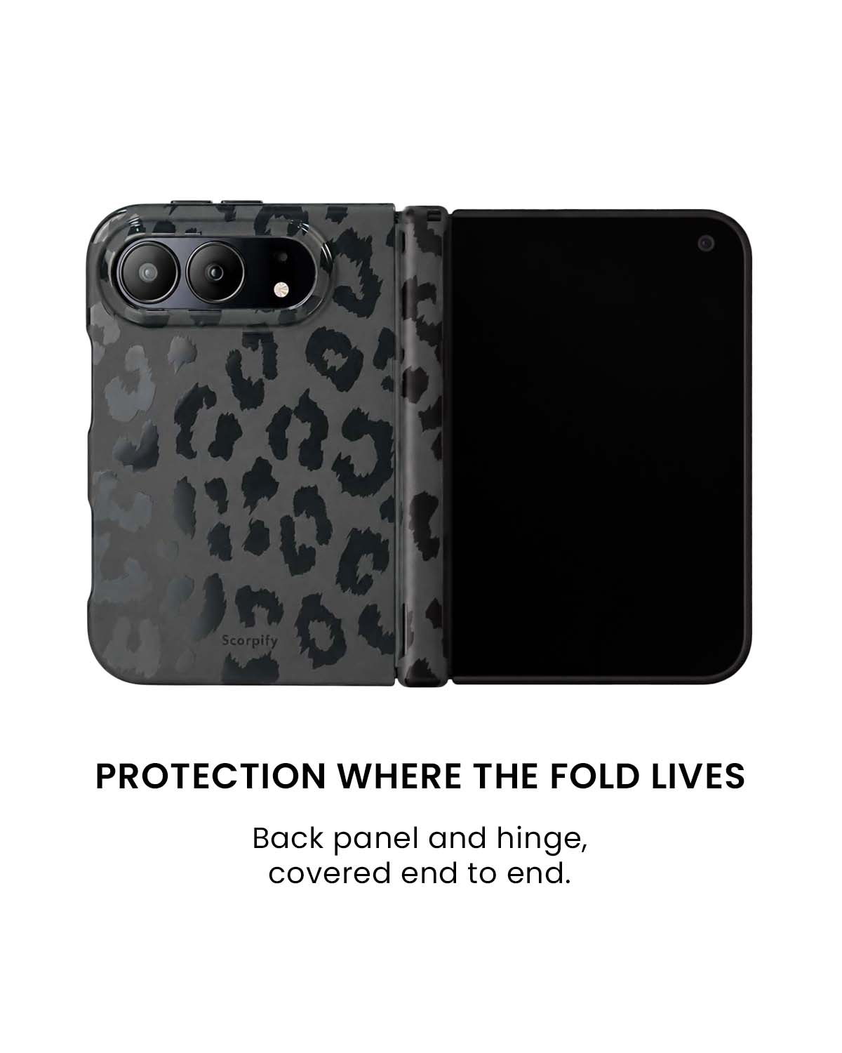 Back panel and hinge protection view of Black leopard print iPhone Duo case