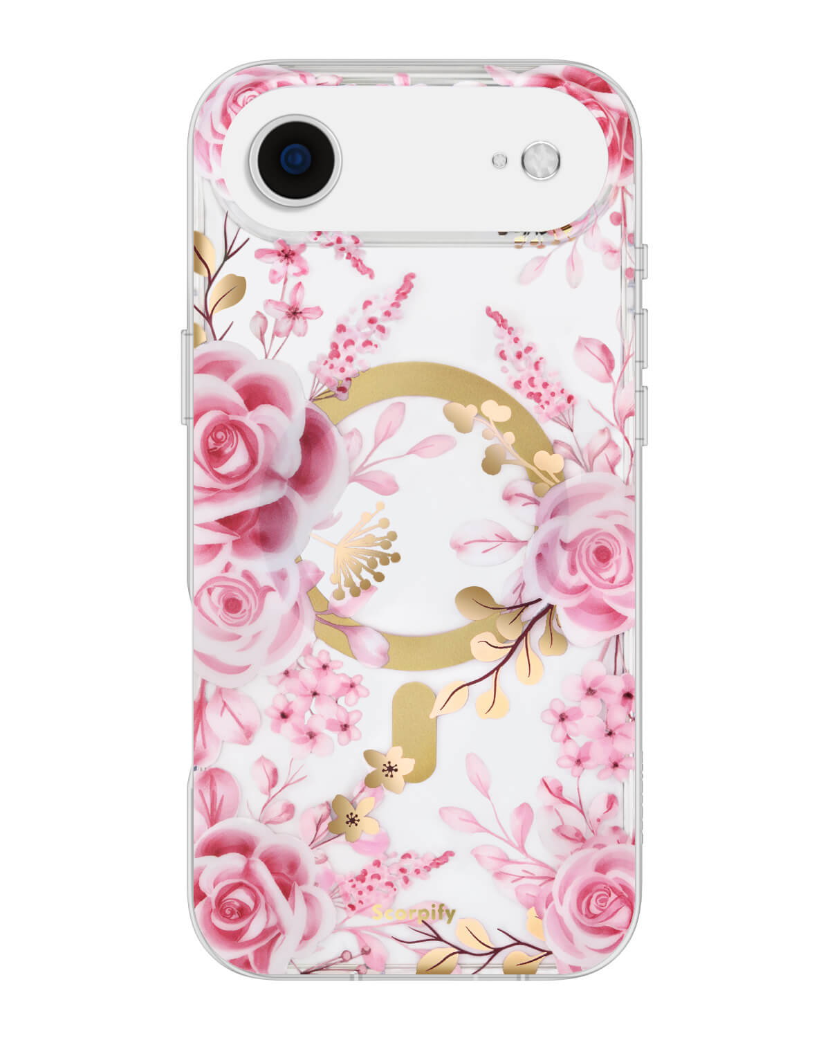 Durable MagSafe iPhone case with pink rose floral print