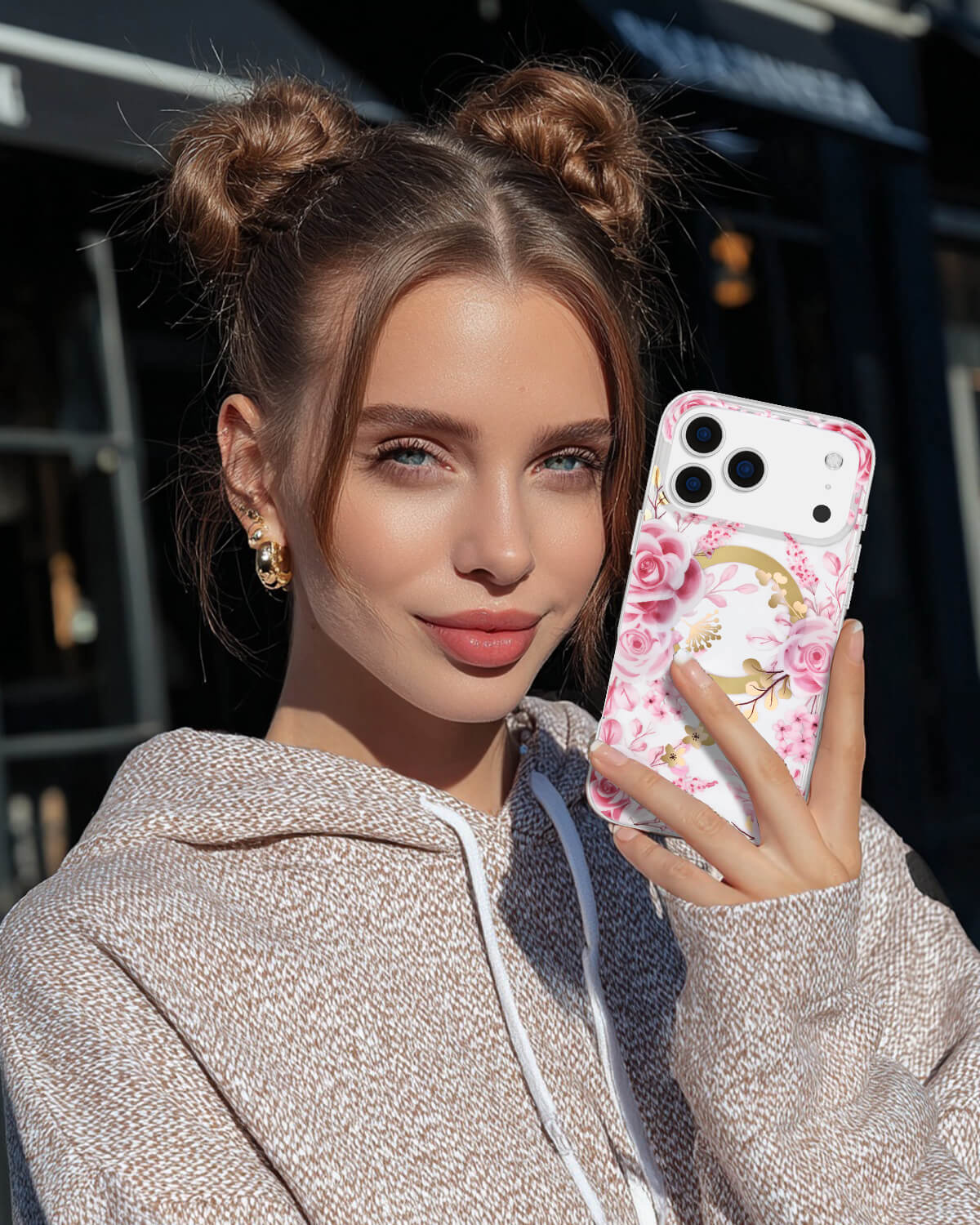 Transparent floral iPhone case with pastel pink rose design