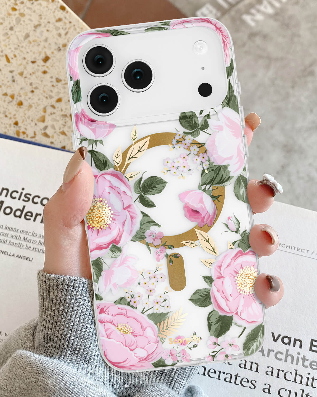 Transparent pink flower phone case with slim design