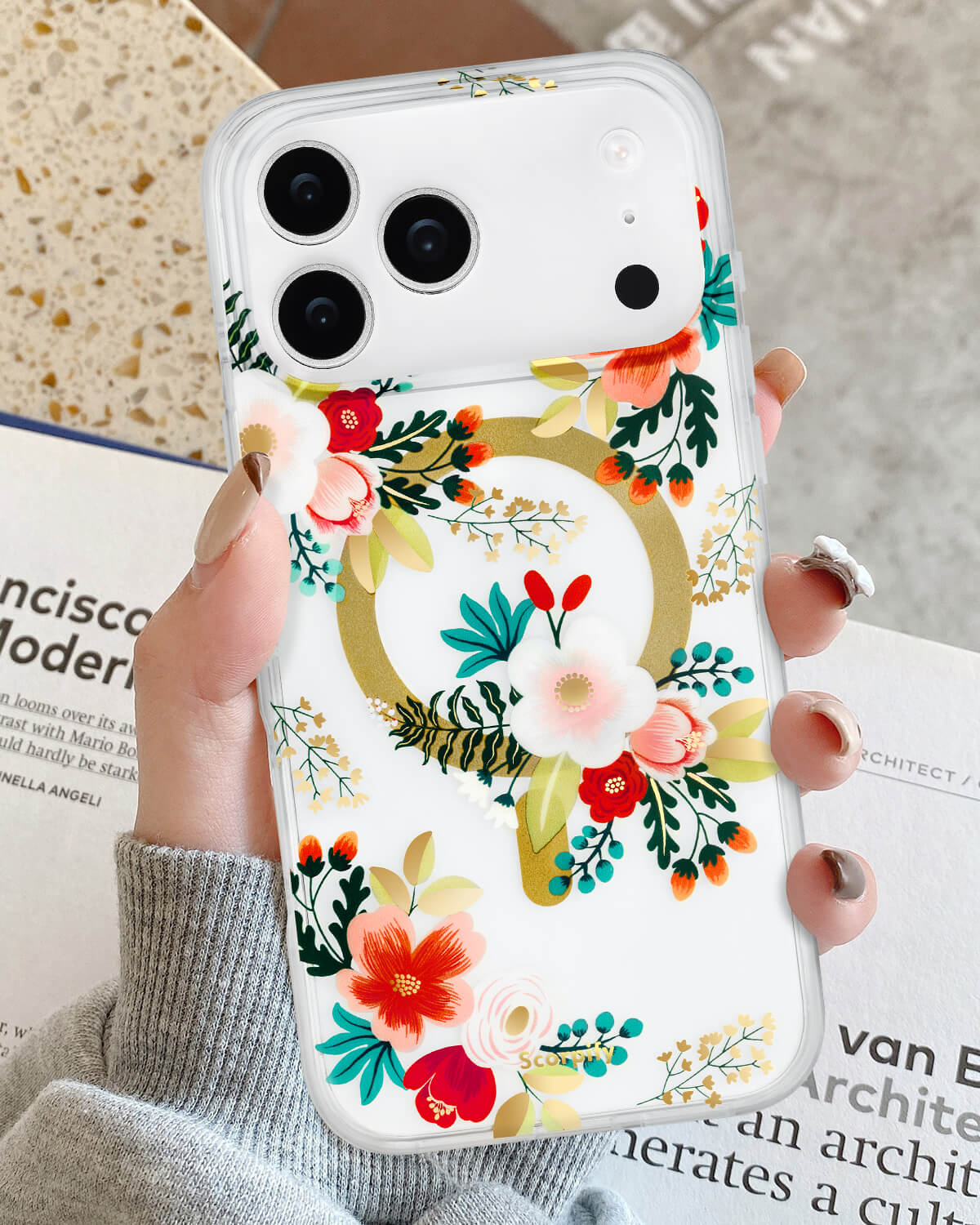 Transparent flower phone case with white primrose design