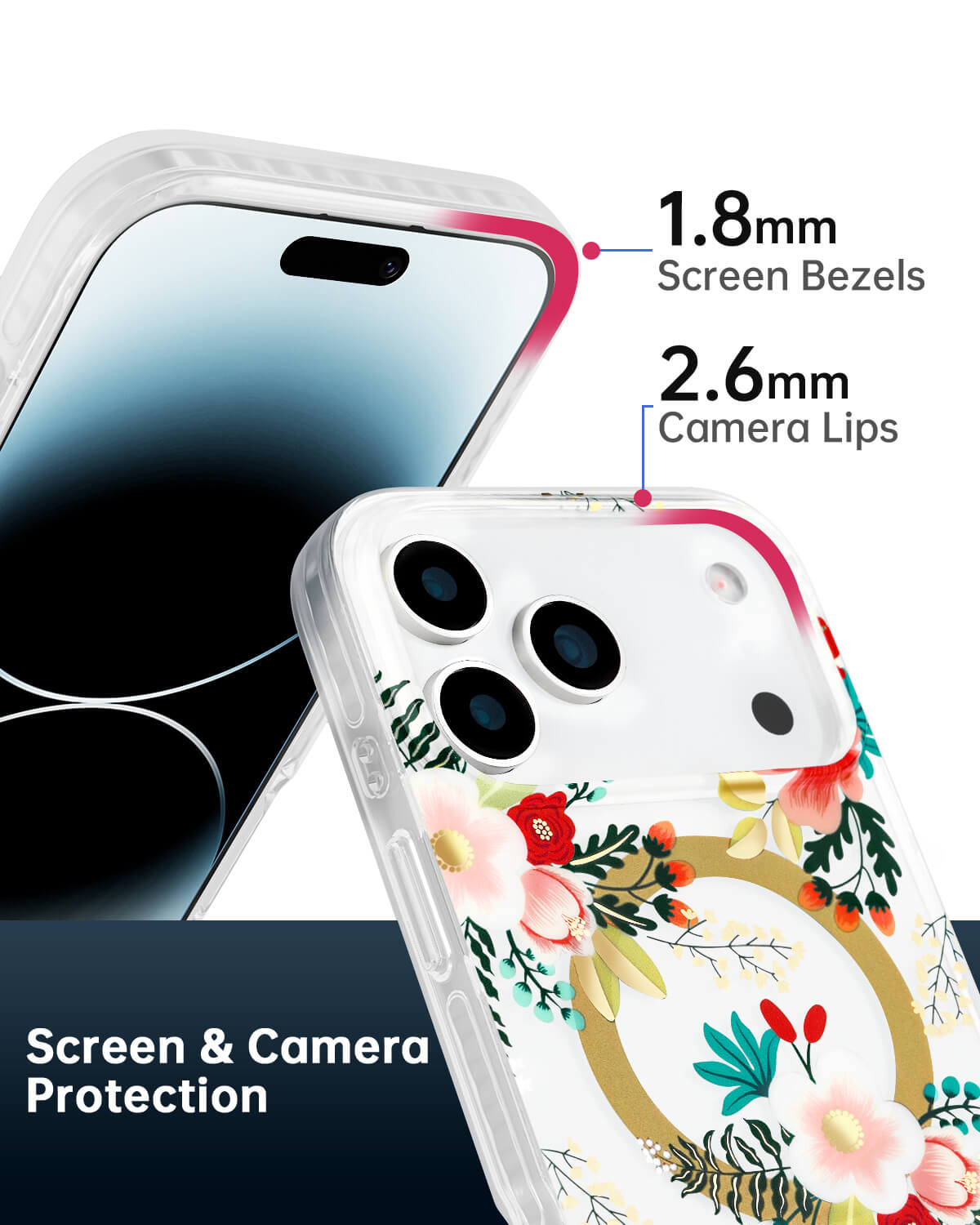 Protective MagSafe iPhone case with white floral finish