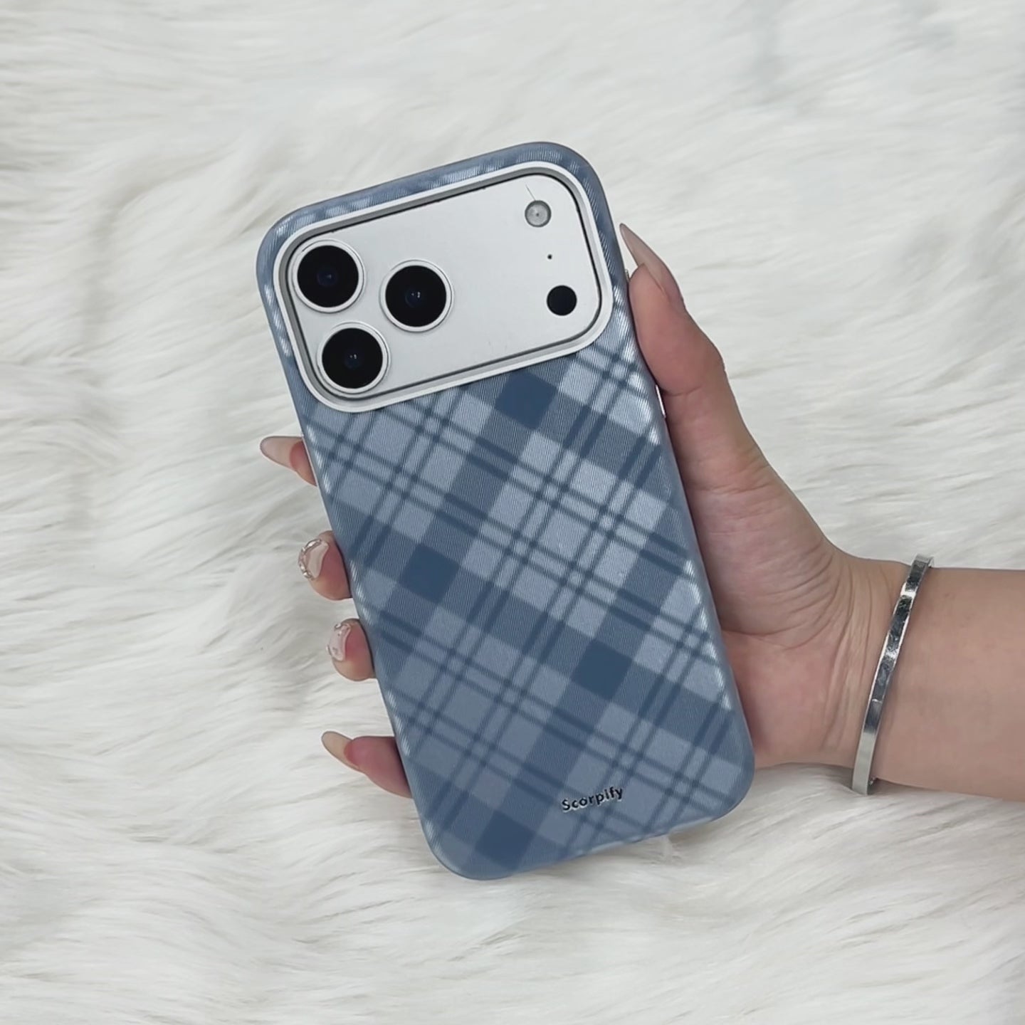 Navy Tartan Lumina Leather MagSafe iPhone Case